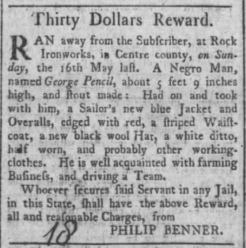 1803 advertisement placed by ironmaster Philip Benner to recover escaped slave George Pencil.